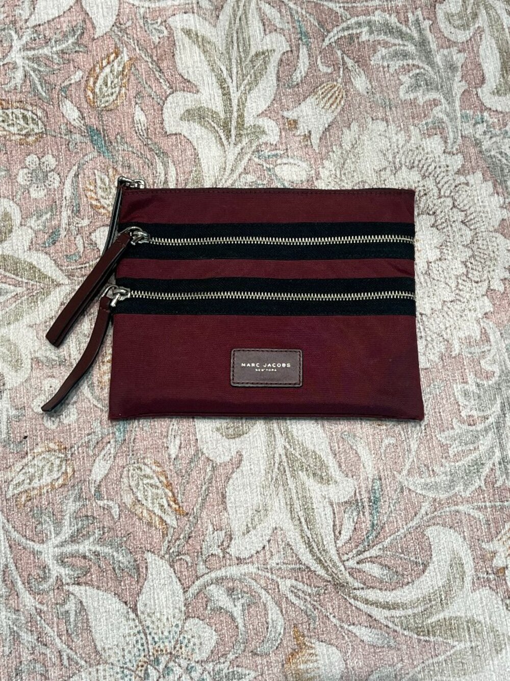 Authentic Marc Jacobs Burgundy Nylon Tripple Zip Pouch (Used as Pencil Case)
